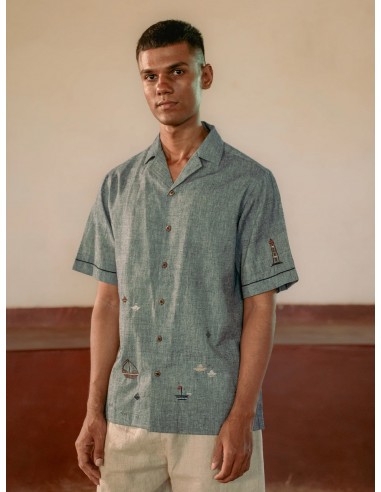 Blue Boats and Ships hand-woven cotton shirt sur le site 