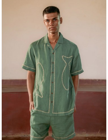 Green Twin Fish embroidered linen shirt est présent 